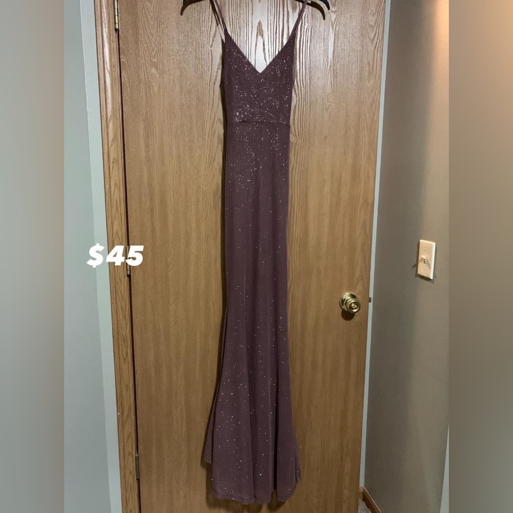 Long sparkly rose colored dress from Windsor wore to wedding as a bridsemaid